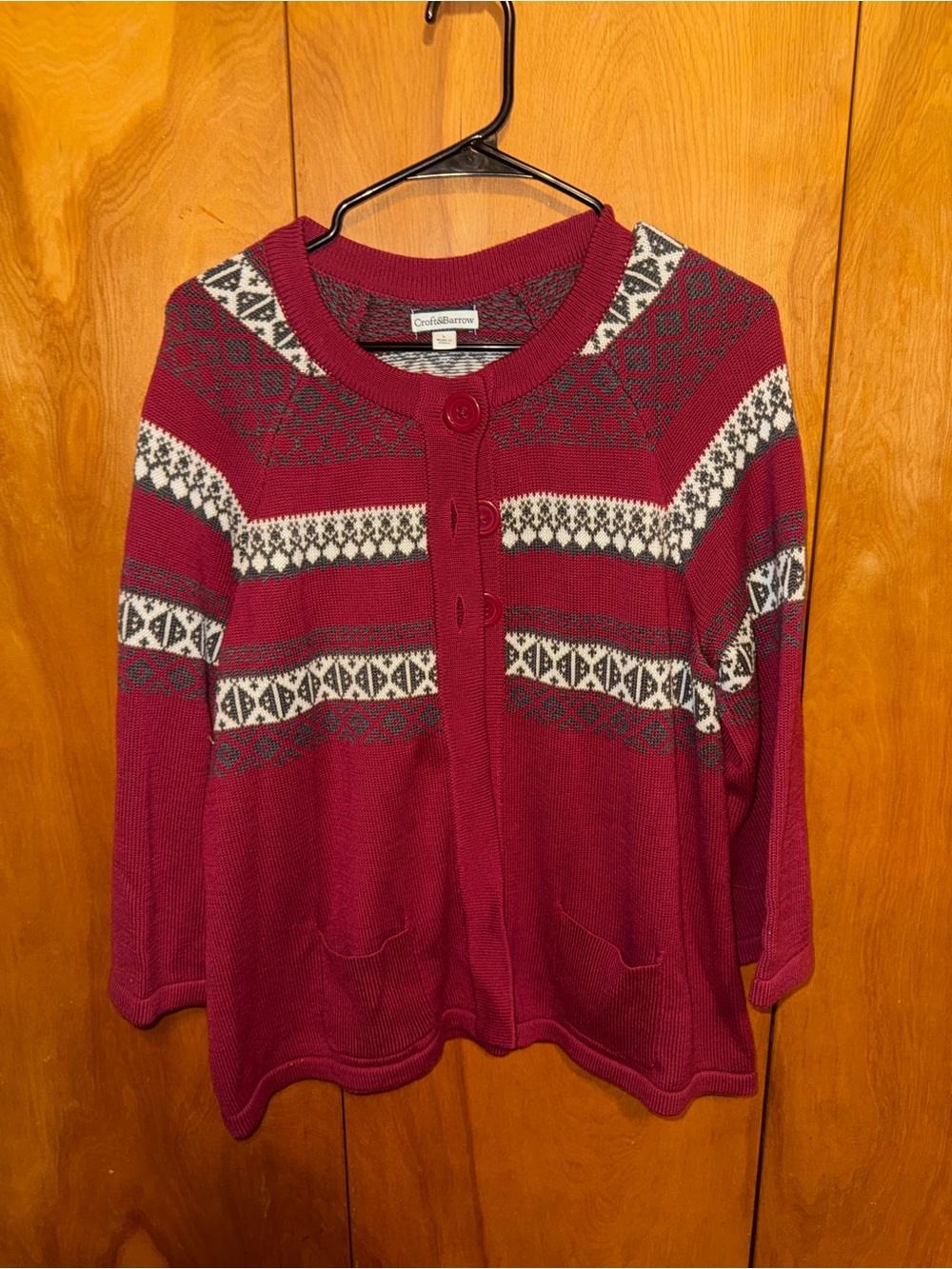 croft & barrow Burgundy and White Patterned Button-Front Cardigan